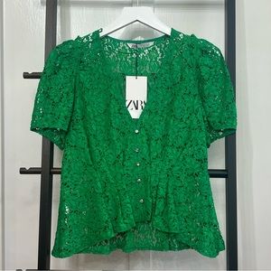 NWT, Zara, size Small, green lace blouse.